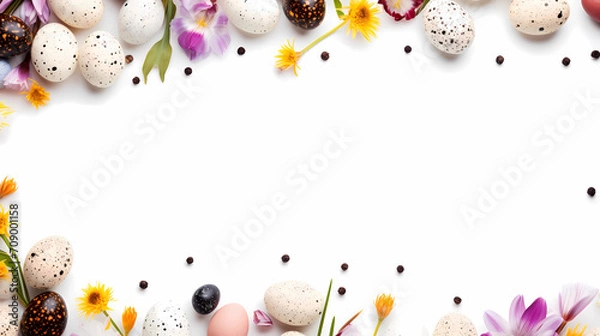 Obraz Easter quail eggs and springtime flowers over white background. Spring holidays concept with copy space. Top view