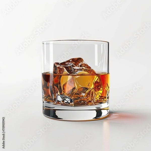 Fototapeta Perfect whiskey on the rocks in a glass, big lump of ice in alcoholic beverage. 