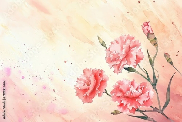 Fototapeta Pink carnation flowers on a watercolor background, copy space.
