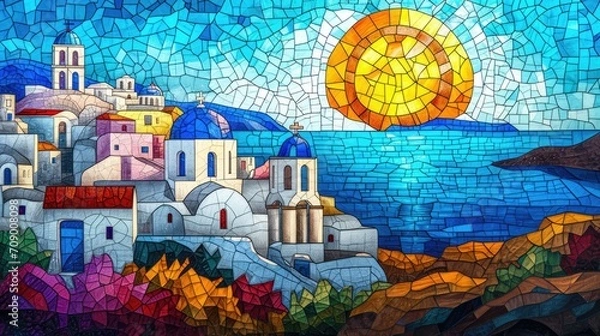 Fototapeta Stained glass window background with colorful City abstract.	
