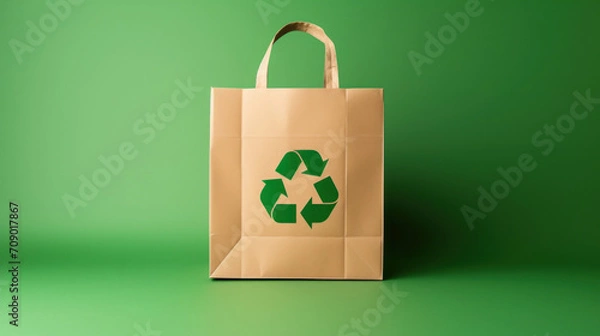 Fototapeta Brown paper bag with a green recycle symbol, representing environmentally friendly packaging on a green background.