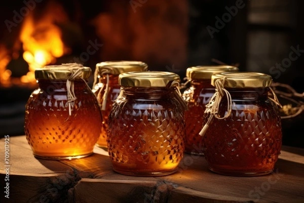 Fototapeta Freshly picked unbranded canned honey, farm fresh honey, supermarket food sample image, fresh canned honey example image，jar of honey on wooden table