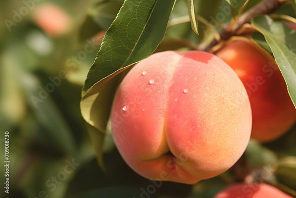 Fototapeta Ripe white peaches on a tree in an orchard 