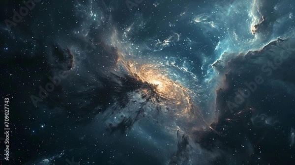 Fototapeta A cosmic theme with swirling dust patterns against a dark star-filled sky.