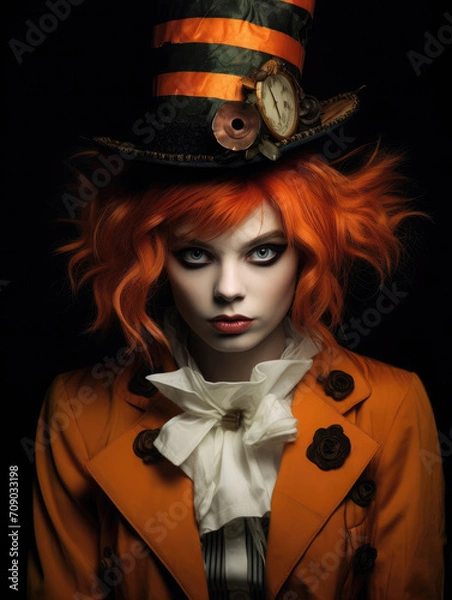 Fototapeta Portrait of a woman in a Mad Hatter costume and make-up on a dark background 