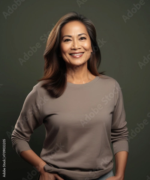 Fototapeta Studio portrait of an elegant and confident filipino woman in her 60s smiling and standing against a grey background 