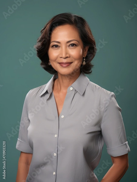 Fototapeta Studio portrait of a middle-aged filipino woman on a neutral background. Confident professional photoshot. 