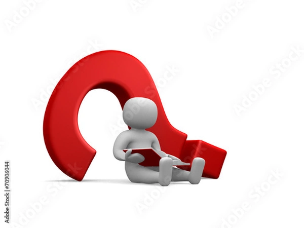 Obraz 3d small people - sitting next to a question mark.