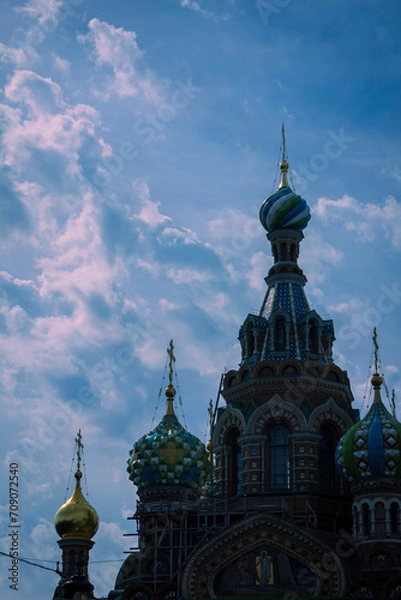 Fototapeta Silhouette of the building of the Russian Orthodox Church in St. Petersburg, which is called "Savior on Spilled Blood", Architectural historical monument of the 19th century