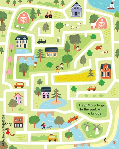 Fototapeta Vector child labyrinth with town symbols for baby, babies. Children maze illustrated with cars, houses, buildings, trees, streets. City easy simple drawing map.