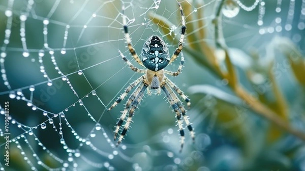 Fototapeta a spider on Dew-covered spider web to waiting a victim of insect