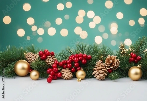 Obraz Festive Christmas border isolated on white background Fir green branches are decorated with gold sta