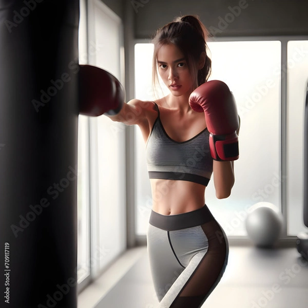 Fototapeta Sporty girl doing boxing exercises