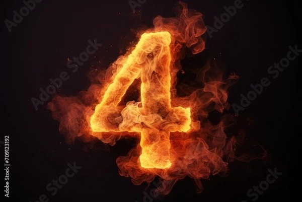 Fototapeta fire number 4 made of fire flames. number four symbol. isolated on black. hot red and orange symbol