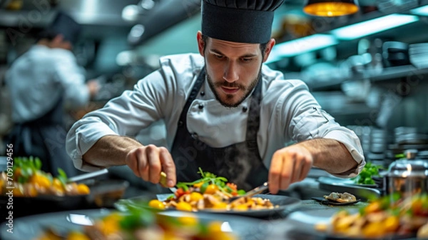 Fototapeta Kulinarische Meisterleistung: Chefkoch bereitet konzentriert ein exquisites Abendessen zu