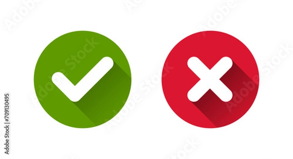 Obraz Check mark and Cross icons, flat round buttons