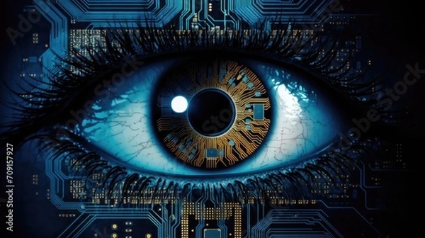 Fototapeta Futuristic digital eye. Cybersecurity concept. Close up of human eye with digital circuit concept. bionic eye and futuristic vision.