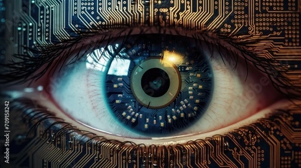 Fototapeta Futuristic digital eye. Cybersecurity concept. Close up of human eye with digital circuit concept. bionic eye and futuristic vision.