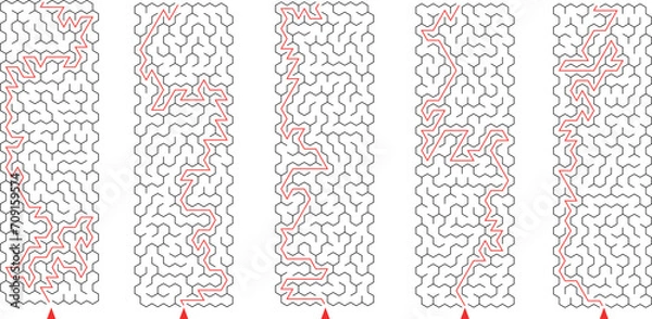 Fototapeta Batch of 5 vertical long lenght rectangular labyrinths. Set of stretched mazes with solutions. Black and white riddles collection. Brainstorm puzzle for books, print, family activity