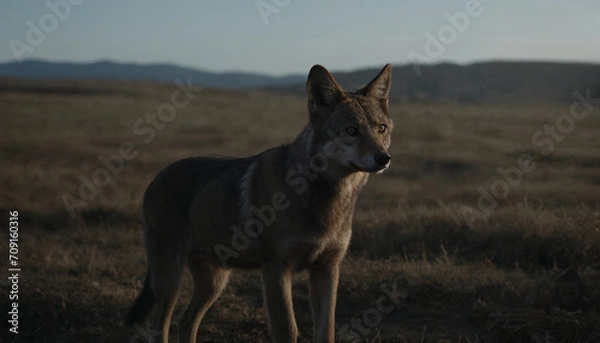 Fototapeta Lone Wolf in Lush Meadow | Wild Canine at Dusk | Majestic Mammal