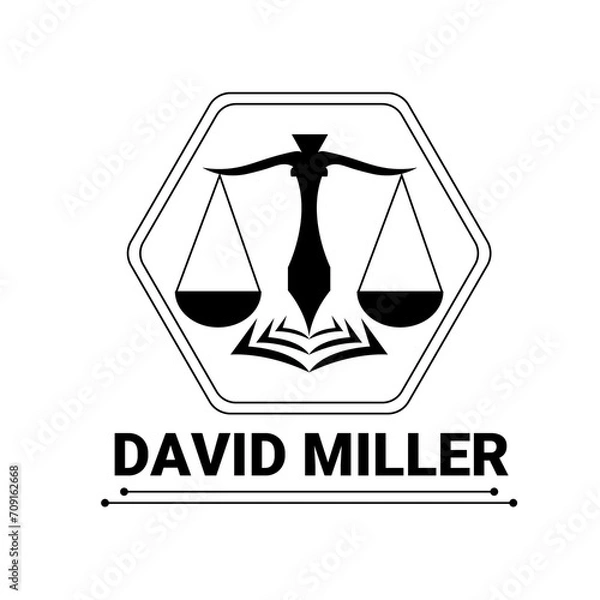 Obraz This is a logo for lawyers. There are many elements used like a label, a scale, pen, and a book.