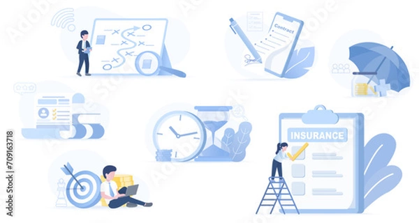 Fototapeta Business ideas collection set. Strategy planning scenes, tactical management, tax form, contract agreement, time management, insurance and claim forms. Flat vector design illustration.