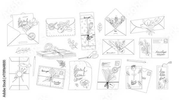 Fototapeta Letters And Envelopes With Flowers Linear Icons Vector Set Feature Delicate Floral Designs On Envelopes And Letter Paper