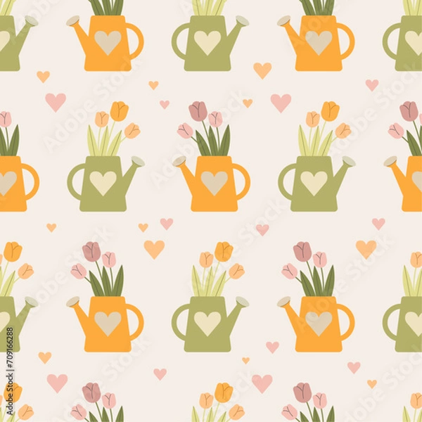 Fototapeta Seamless pattern with tulips in a watering can and hearts. Vector illustration.