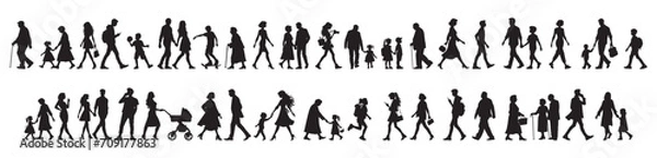Fototapeta vector illustration. silhouettes of people walking along the street. Large set of characters of different ages.