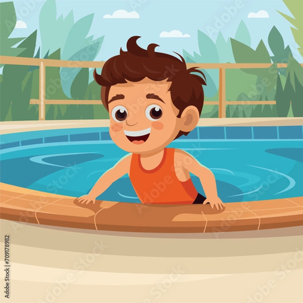 Fototapeta Boy on the side of the pool is smiling. The open air swimming pool. Boy child enjoying vacation. Vector
