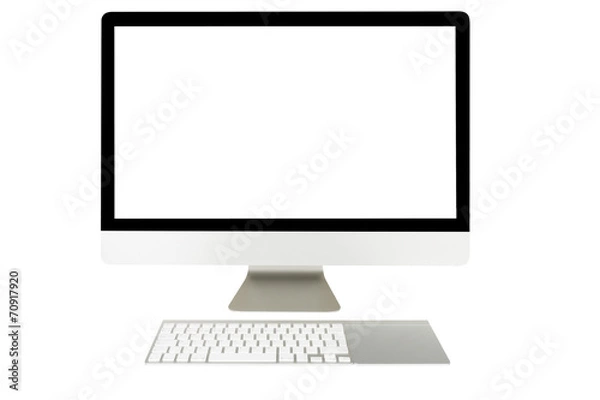 Fototapeta Computer display with blank screen and wireless keyboard
