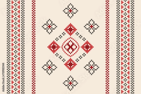 Fototapeta Ethnic geometric fabric pattern Cross Stitch.Ikat embroidery Ethnic oriental Pixel pattern brown cream background. Abstract,vector,illustration. Texture,clothing,frame,motifs,silk wallpaper.
