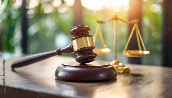 Obraz gavel resting on a wooden block, symbolizing authority and justice in a legal setting