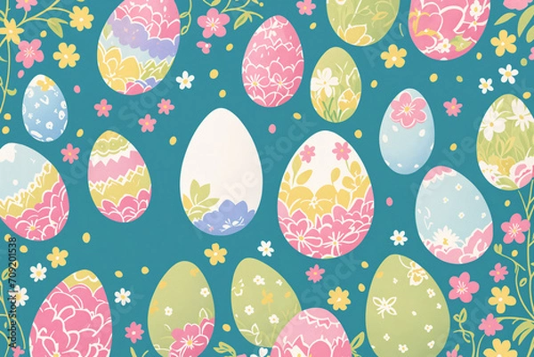 Fototapeta Handmade decorated Easter eggs on blue background. Generative Ai
