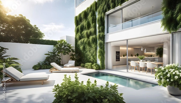 Fototapeta Cozy patio and small pool in a modern white residential building with walls covered with plants, concept of sustainable lifestyle, ecology and green living environment,
