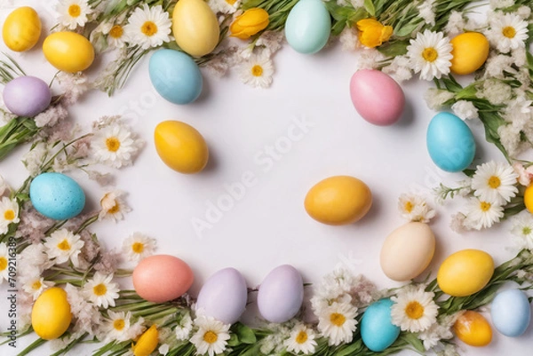 Fototapeta Spring Easter holiday top view. Flat lay background with eggs in nests and spring flowers. Greeting card background with copy space. Generative Ai