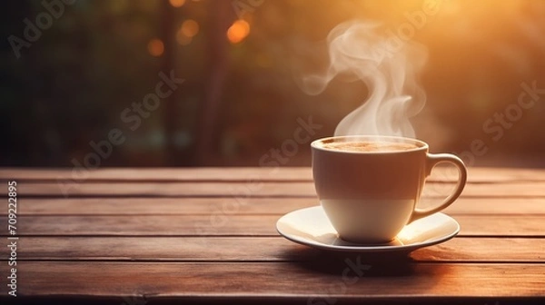 Obraz White coffee cup, mug with steaming smoke of coffee on old wooden table in morning nature outdoor, garden background, Hot Coffee Drink, Beverage Concept, espresso, breakfast, generative ai