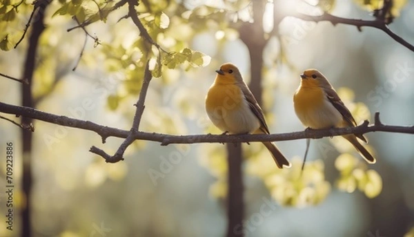 Fototapeta beautiful little birds are sitting next to each other on a branch in a Sunny spring Park