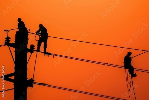 Fototapeta Silhouettes of workers on high-voltage towers, Electrical Engineers and Workers.