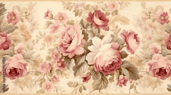 Fototapeta Vintage Floral Tapestry: Intricate Floral Pattern Mimicking Vintage Tapestry in Muted Rose, Sage, and Cream Tones