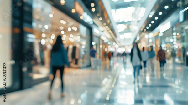 Fototapeta Blurred background of a modern shopping mall with mannequins in fashion shopfront
