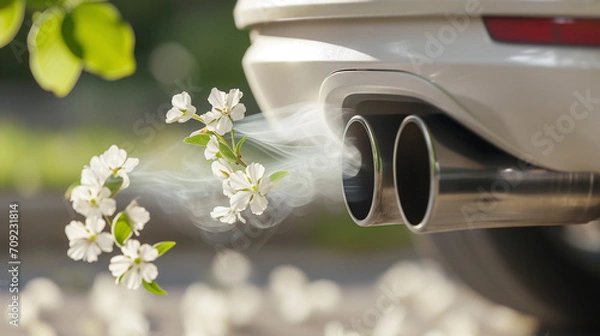 Obraz Close-up of a white car exhaust pipe with flowers flying out of it.