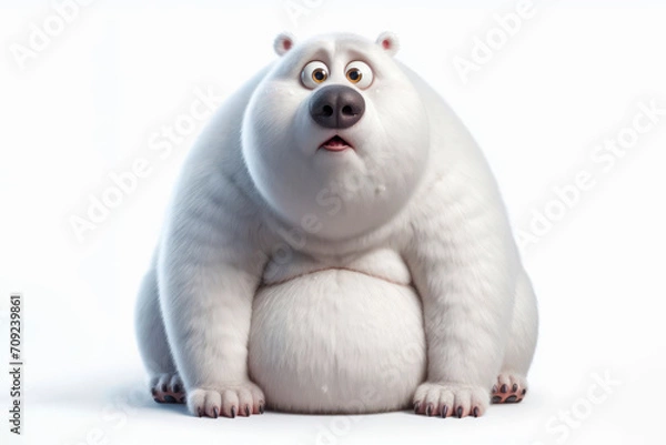 Fototapeta full body Funny Portrait of surprised Polar bear with bulging big eyes on solid white background. ai generative