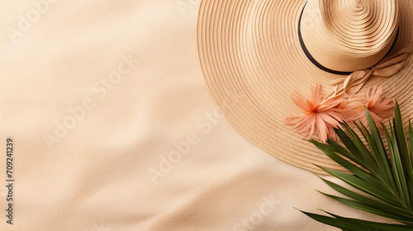 Fototapeta Beach accessories and palm leaves on sand background. Exotic, tropical mood. Summer vacation, travel concept, Mock up, Template