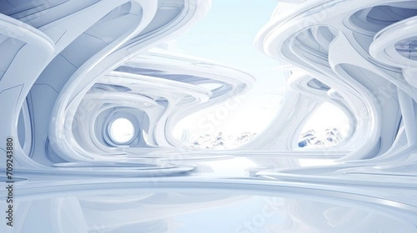 Fototapeta White futuristic tunnel leading to light. Wide angle. White futuristic background