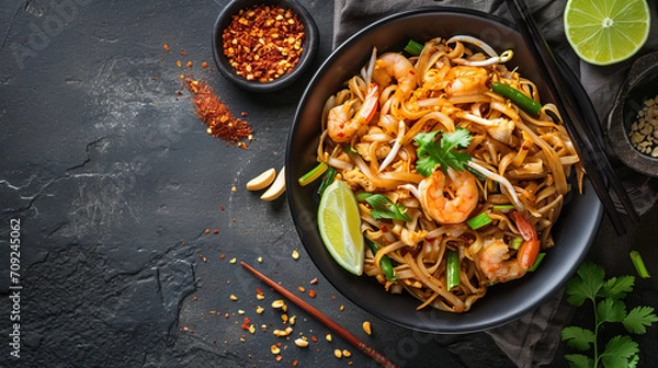 Fototapeta pad thai with bean sprouts, shrimp and coriander, served in a bowl, top view with copy space