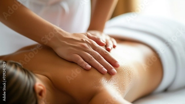 Fototapeta Expert hands gliding on a moist back with massage oil, offering a luxurious and relaxing spa treatment. The emphasis on well-being and tranquility is palpable