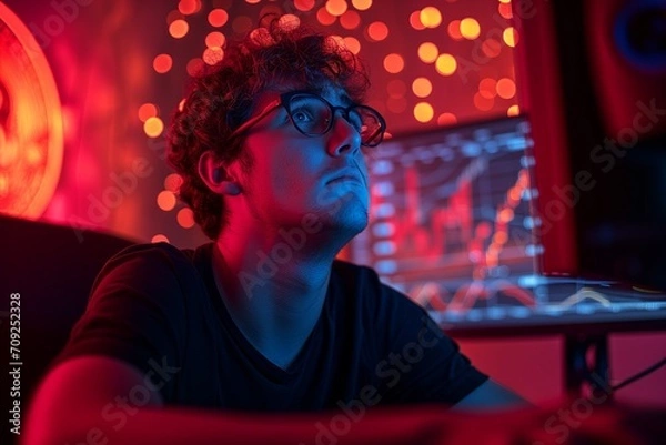 Fototapeta A nerd man crying with Bitcoin red trading graph monitor background.