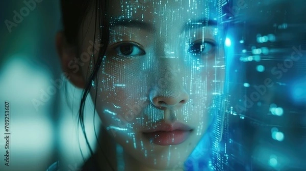 Fototapeta In a futuristic setting, a young woman's face merges with a glowing digital hologram, highlighting the synergy between humanity and technology