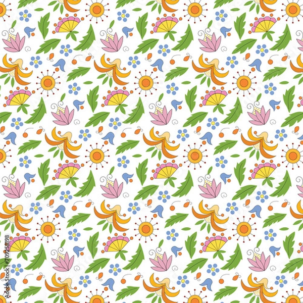 Fototapeta Pattern of various floral Polish motifs. Leaves, flowers, decorative elements. Ideal for fabric and textiles.